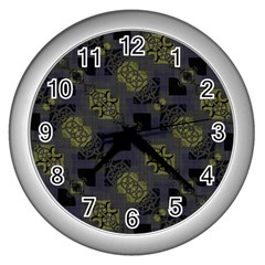 Grey Green Black Abstract Checkered Stripes Wall Clock (silver) by SpinnyChairDesigns