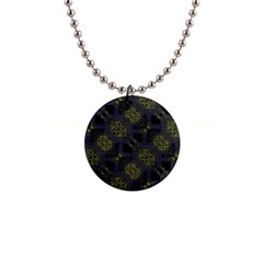 Grey Green Black Abstract Checkered Stripes 1  Button Necklace by SpinnyChairDesigns