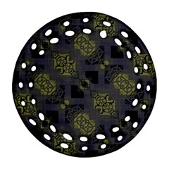 Grey Green Black Abstract Checkered Stripes Ornament (round Filigree) by SpinnyChairDesigns