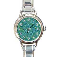 Abstract Blue Green Jungle Paisley Round Italian Charm Watch by SpinnyChairDesigns