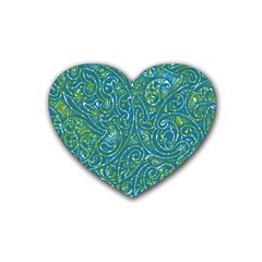 Abstract Blue Green Jungle Paisley Rubber Coaster (Heart) 