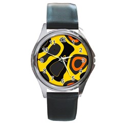 Yellow Black Orange Abstract Art Pattern Round Metal Watch by SpinnyChairDesigns