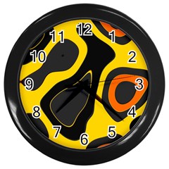 Yellow Black Orange Abstract Art Pattern Wall Clock (black) by SpinnyChairDesigns
