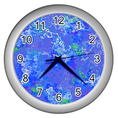 Bright Blue Paint Splatters Wall Clock (silver) by SpinnyChairDesigns