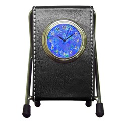 Bright Blue Paint Splatters Pen Holder Desk Clock by SpinnyChairDesigns