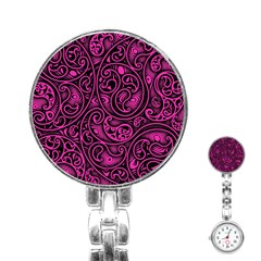 Hot Pink And Black Paisley Swirls Stainless Steel Nurses Watch by SpinnyChairDesigns