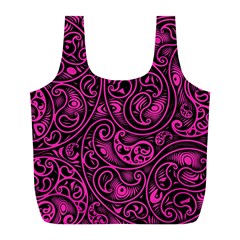 Hot Pink And Black Paisley Swirls Full Print Recycle Bag (l) by SpinnyChairDesigns