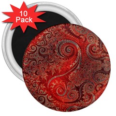 Scarlet Red Grey Brown Swirls Spirals 3  Magnets (10 Pack) 