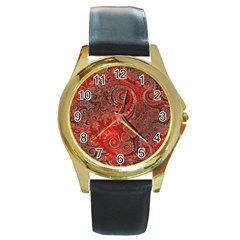 Scarlet Red Grey Brown Swirls Spirals Round Gold Metal Watch by SpinnyChairDesigns