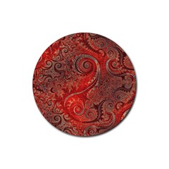 Scarlet Red Grey Brown Swirls Spirals Rubber Round Coaster (4 Pack)  by SpinnyChairDesigns