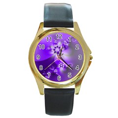 Violet Purple Flower Print Round Gold Metal Watch by SpinnyChairDesigns