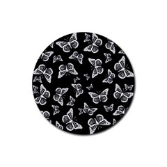 Black And White Butterfly Pattern Rubber Round Coaster (4 Pack)  by SpinnyChairDesigns