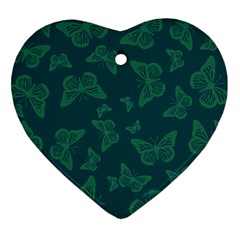 Midnight Green Butterflies Pattern Ornament (heart) by SpinnyChairDesigns