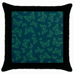 Midnight Green Butterflies Pattern Throw Pillow Case (black) by SpinnyChairDesigns