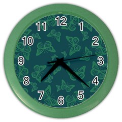 Midnight Green Butterflies Pattern Color Wall Clock