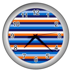 Ocean Blue Stripes Wall Clock (silver) by tmsartbazaar