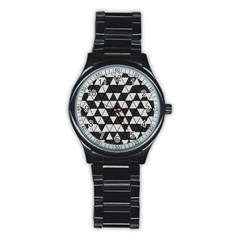 Black And White Triangles Pattern Stainless Steel Round Watch by SpinnyChairDesigns