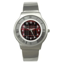 Red Black White Plaid Stripes Stainless Steel Watch by SpinnyChairDesigns
