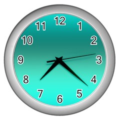 Teal Turquoise Green Gradient Ombre Wall Clock (silver) by SpinnyChairDesigns