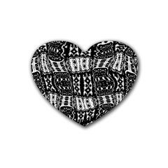 Abstract Black And White Stripes Checkered Pattern Rubber Coaster (heart)  by SpinnyChairDesigns