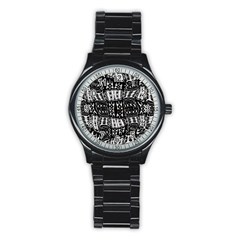 Abstract Black And White Stripes Checkered Pattern Stainless Steel Round Watch by SpinnyChairDesigns