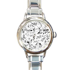 Black And White Music Notes Round Italian Charm Watch by SpinnyChairDesigns