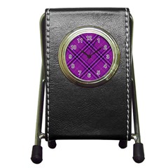 Purple And Black Plaid Pen Holder Desk Clock by SpinnyChairDesigns