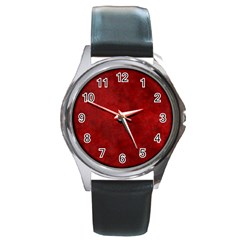 Scarlet Red Velvet Color Faux Texture Round Metal Watch by SpinnyChairDesigns