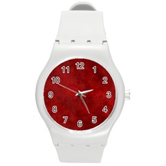 Scarlet Red Velvet Color Faux Texture Round Plastic Sport Watch (m) by SpinnyChairDesigns