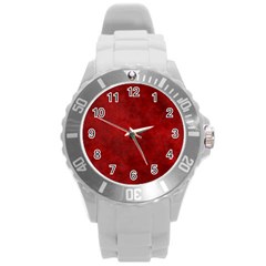 Scarlet Red Velvet Color Faux Texture Round Plastic Sport Watch (l) by SpinnyChairDesigns