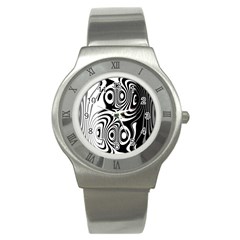 Black And White Abstract Stripes Stainless Steel Watch by SpinnyChairDesigns