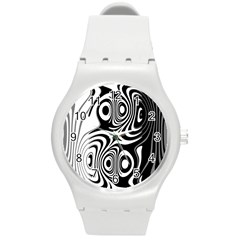 Black And White Abstract Stripes Round Plastic Sport Watch (m) by SpinnyChairDesigns