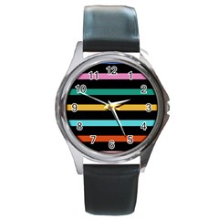 Colorful Mime Black Stripes Round Metal Watch by tmsartbazaar