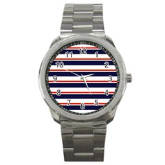 Red With Blue Stripes Sport Metal Watch by tmsartbazaar