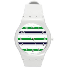Green With Blue Stripes Round Plastic Sport Watch (m) by tmsartbazaar