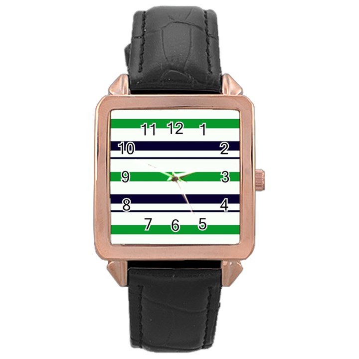 Green With Blue Stripes Rose Gold Leather Watch 