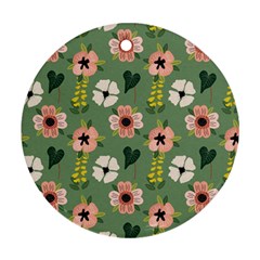 Flower Green Pink Pattern Floral Round Ornament (two Sides)