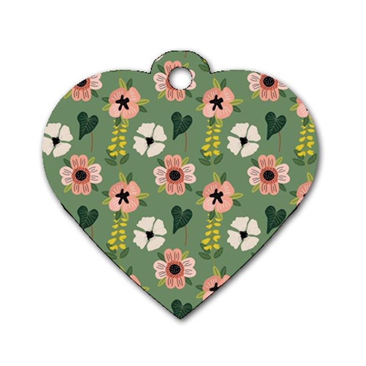 Flower Green Pink Pattern Floral Dog Tag Heart (Two Sides)