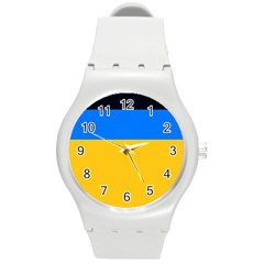 Bright Yellow With Blue Round Plastic Sport Watch (m) by tmsartbazaar