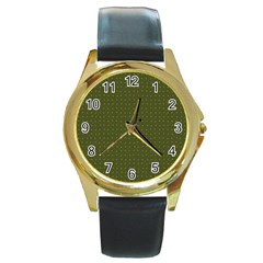 Army Green Color Polka Dots Round Gold Metal Watch by SpinnyChairDesigns