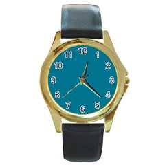 True Teal Blue Color Round Gold Metal Watch by SpinnyChairDesigns