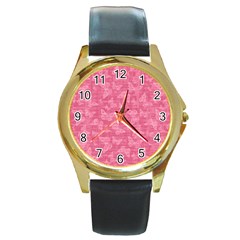 Blush Pink Butterflies Batik Round Gold Metal Watch by SpinnyChairDesigns