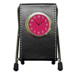 Rose Pink Color Polka Dots Pen Holder Desk Clock by SpinnyChairDesigns