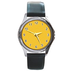 Saffron Yellow Color Polka Dots Round Metal Watch by SpinnyChairDesigns