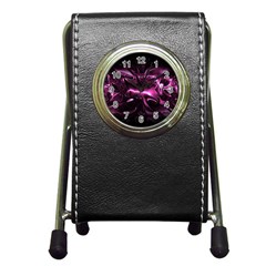 Black Magenta Abstract Art Pen Holder Desk Clock by SpinnyChairDesigns