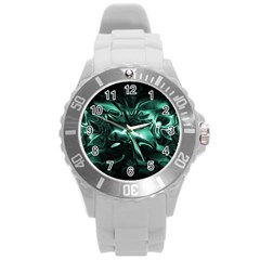 Biscay Green Black Abstract Art Round Plastic Sport Watch (l) by SpinnyChairDesigns