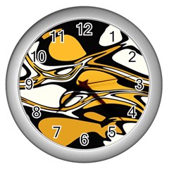 Black Yellow White Abstract Art Wall Clock (silver) by SpinnyChairDesigns