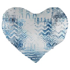 Boho Faded Blue Denim White Batik Large 19  Premium Heart Shape Cushions by SpinnyChairDesigns
