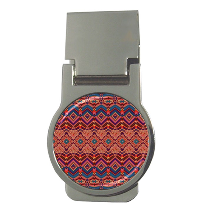 Boho Light Brown Blue Pattern Money Clips (Round) 