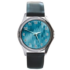 Cerulean Blue Geometric Patterns Round Metal Watch